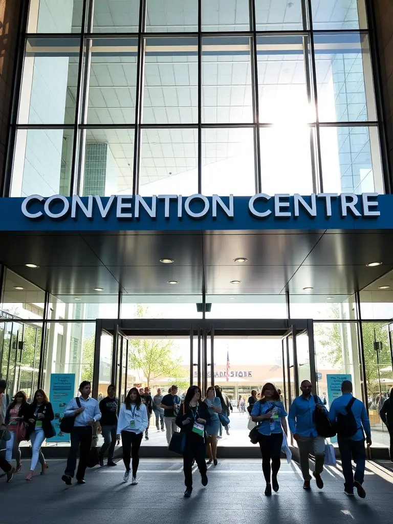 A photograph of the Metro Toronto Convention Centre, brightly lit, with people entering for a conference, showcasing the venue for the Toronto event.